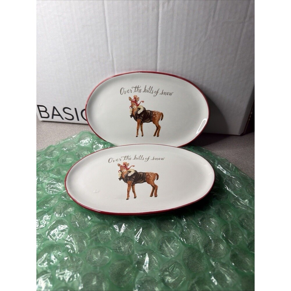 Set of 2 Deer in Bomber Jackets Oval Dessert Appetizer Plates, Christmas Holiday